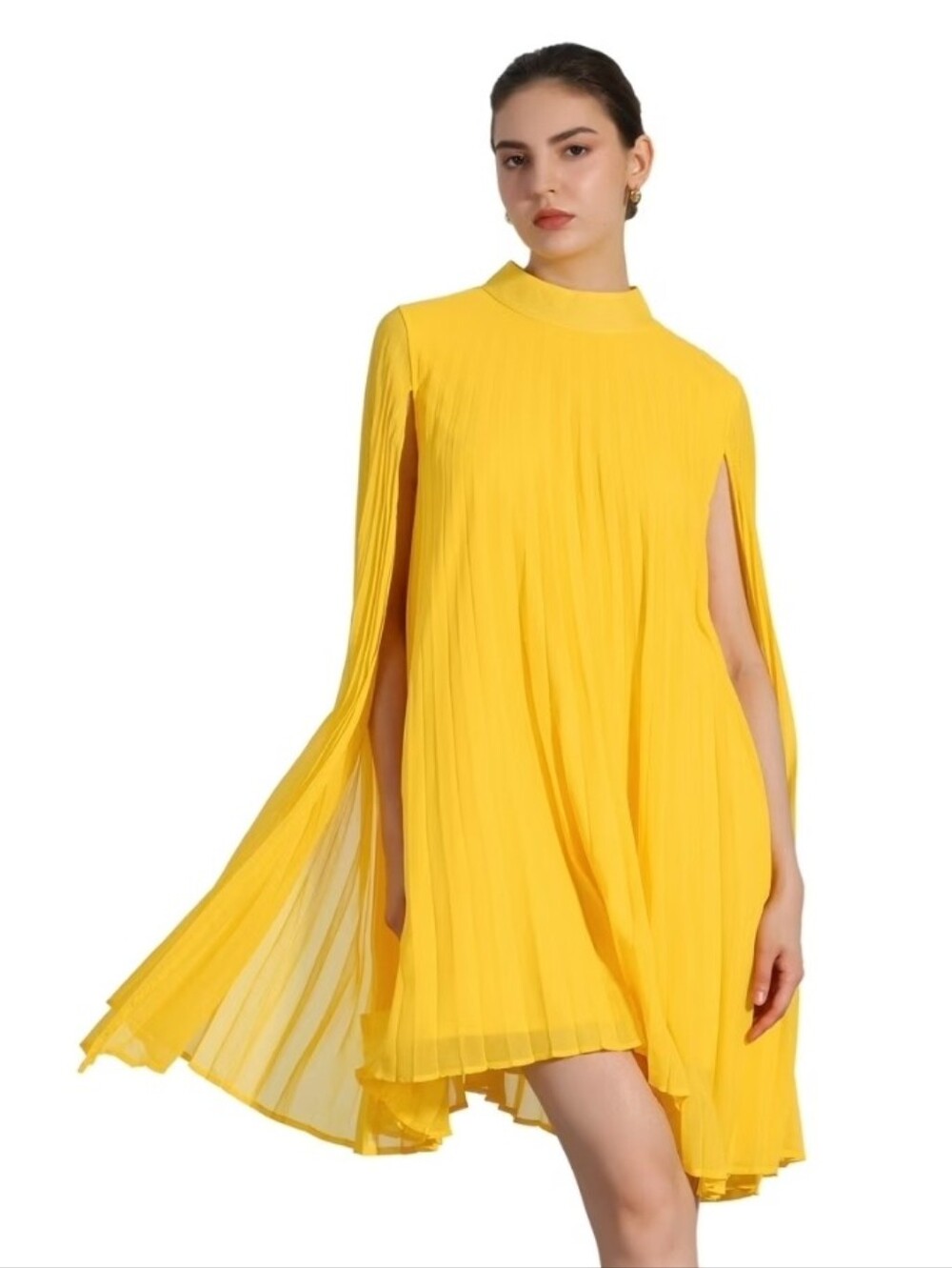 New Allegra K Yellow Pleated Cape Sleeve Dress